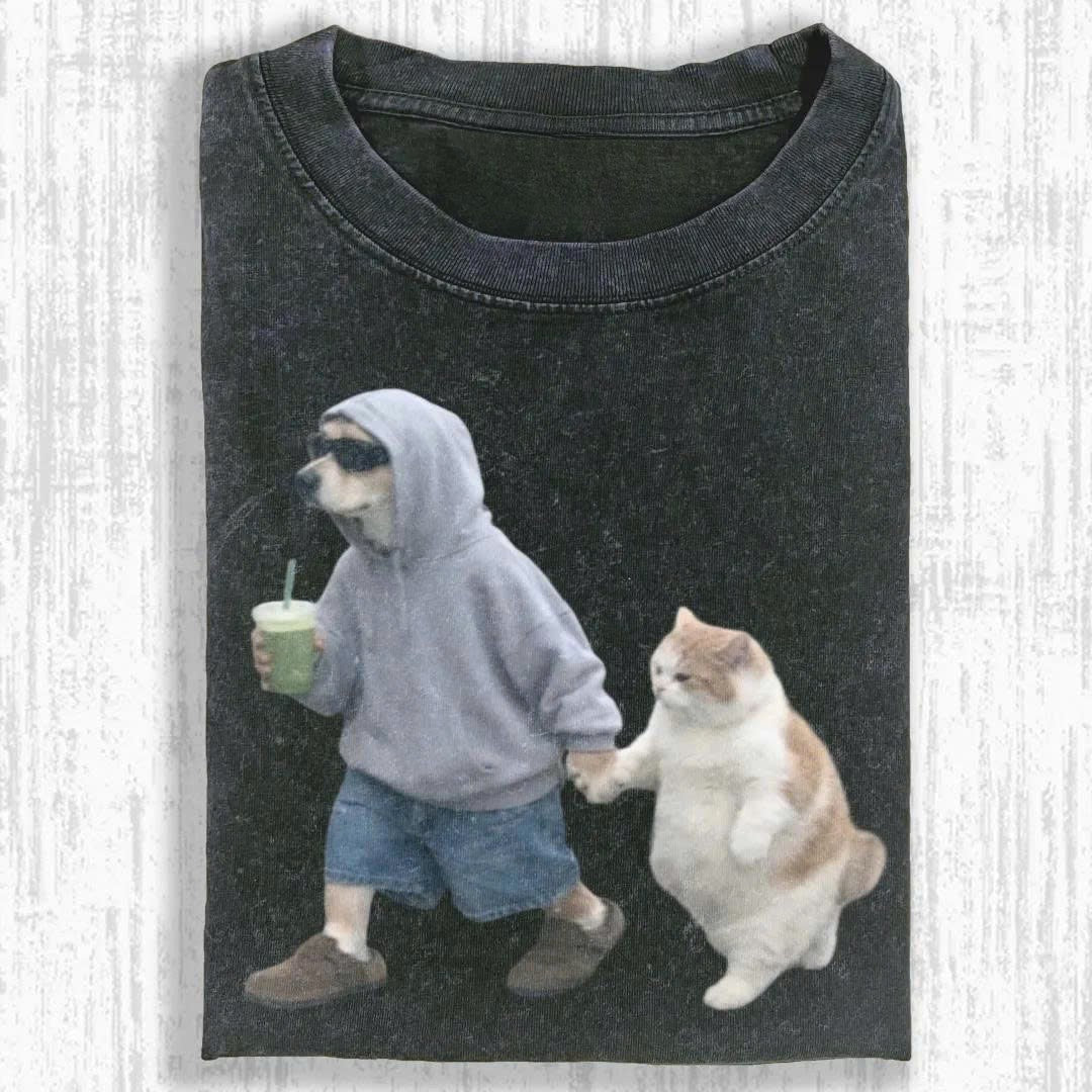 FUNNY DOG AND CAT HOLDING HANDS GRAPHIC T-SHIRT LL - 0145