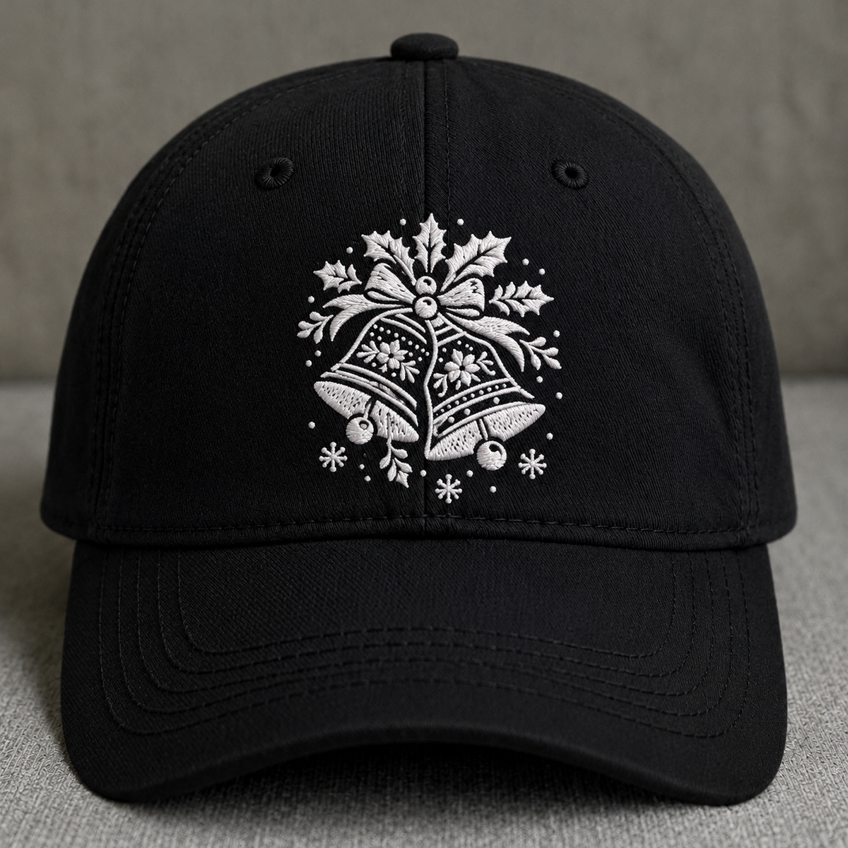 WHITE CHRISTMAS BELLS EMBROIDERED BLACK CAP BS-0048
