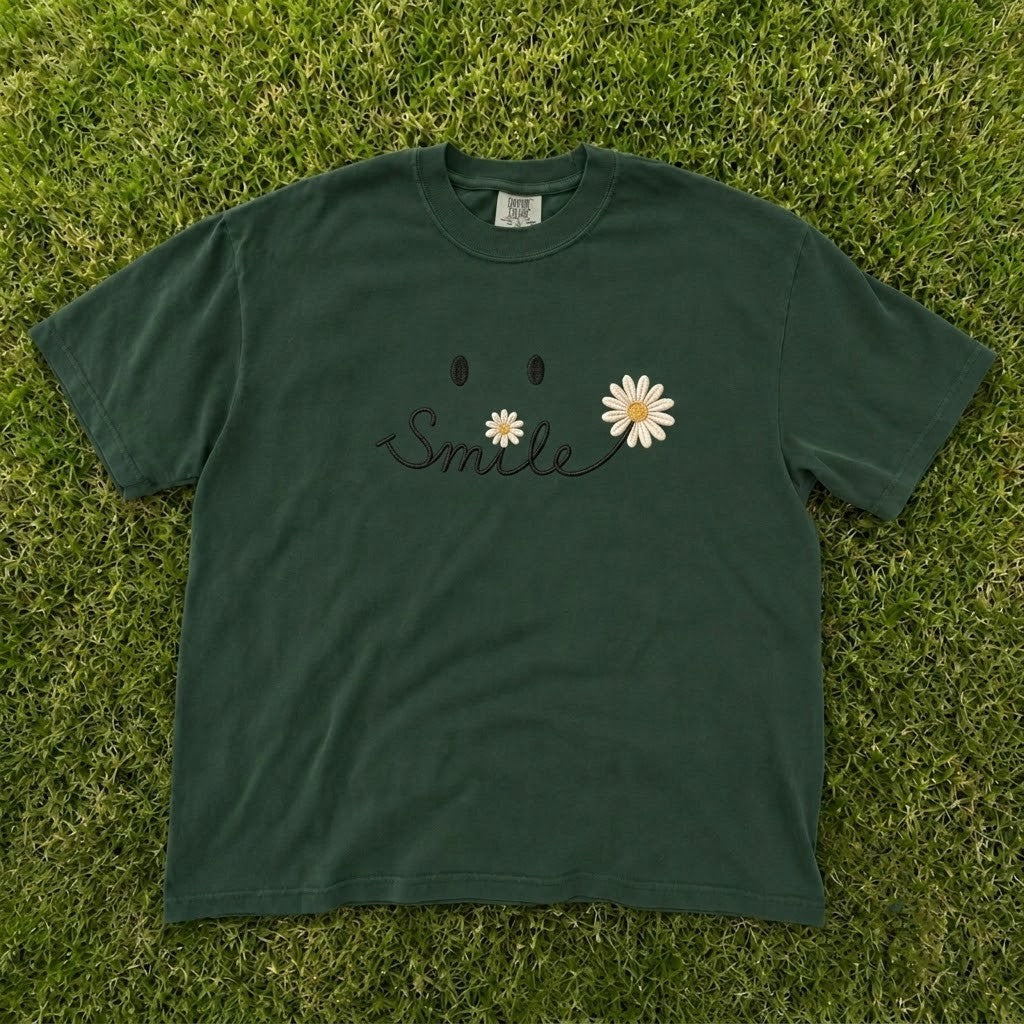 SMILE DAISY FLOWER SMILEY FACE HAPPY VIBES EMBROIDERED TEE CT-0066