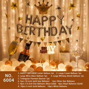 Gold & White Birthday Balloon Decoration Kit with Crown Balloon, Champagne Glass & Bottle Balloons, Fairy Lights Party Supplies