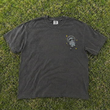 FUNNY SPACE RACCOON EMBROIDERED TEE HHUE - 036