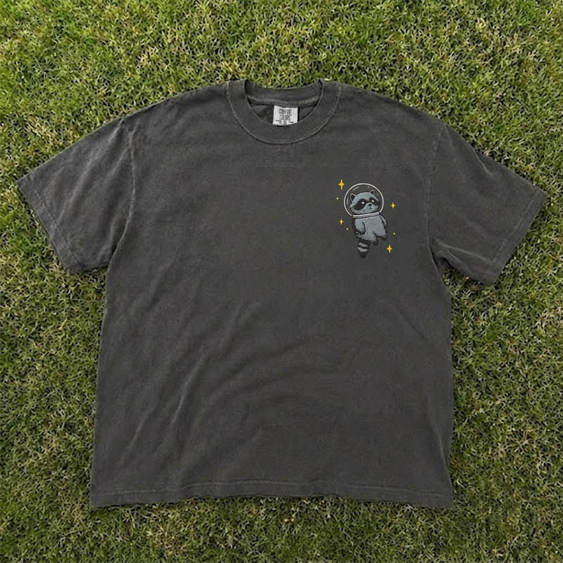 FUNNY SPACE RACCOON EMBROIDERED TEE HHUE - 036