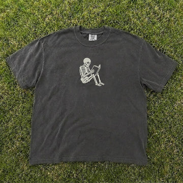 SKELETON COFFEE READING BOOK EMBROIDERED TEE HHUE - 037