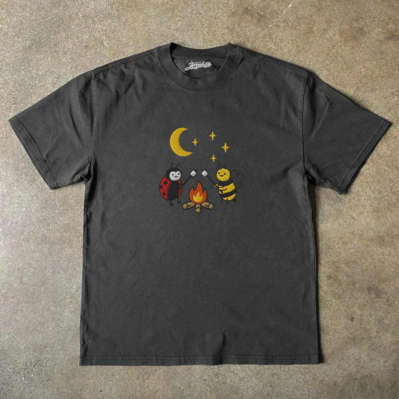 Embroidered Bee & Ladybug Campfire Shirt, Embroidered Comfort Colors Tee, Cottagecore Gift AK-001