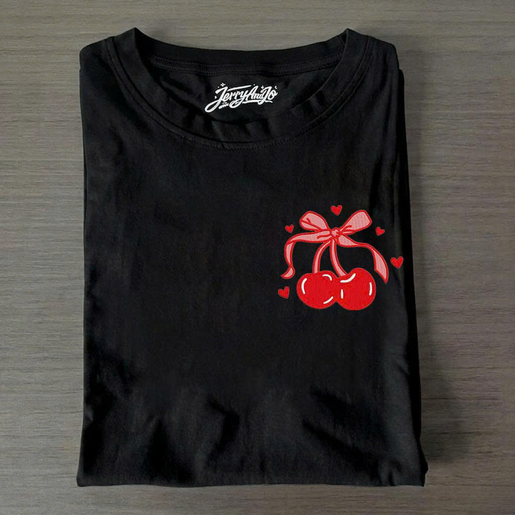 CHERRY BOW HEART EMBROIDERY DESIGN TEE, FRUIT SUMMER SHIRT B-0012