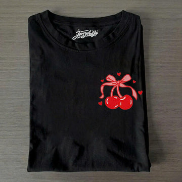 CHERRY BOW HEART EMBROIDERY DESIGN TEE, FRUIT SUMMER SHIRT B-0012