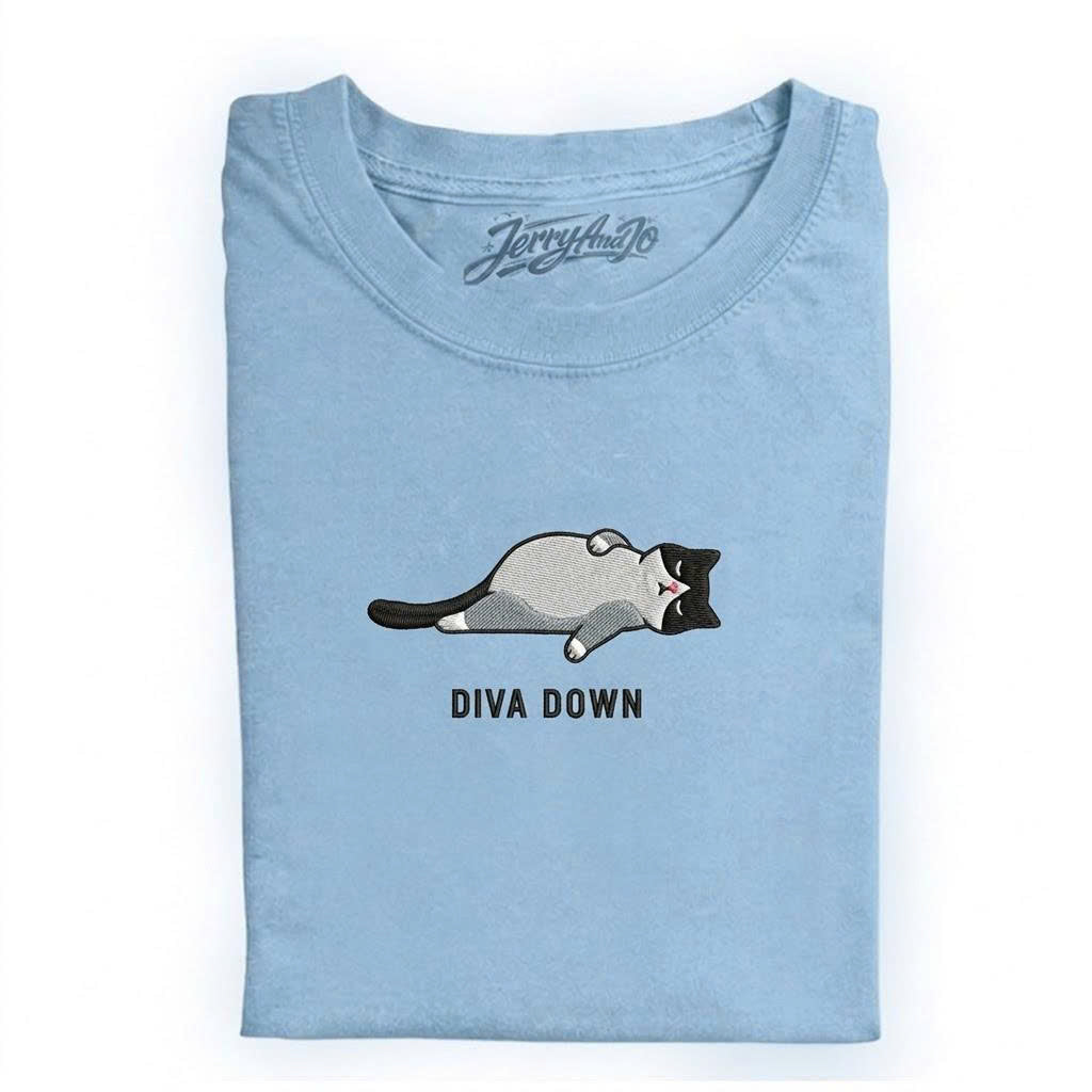 EMBROIDERED DIVA DOWN CAT LAZY CAT MEME TEE HHUE - 011