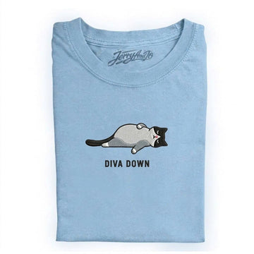 EMBROIDERED DIVA DOWN CAT LAZY CAT MEME TEE HHUE - 011