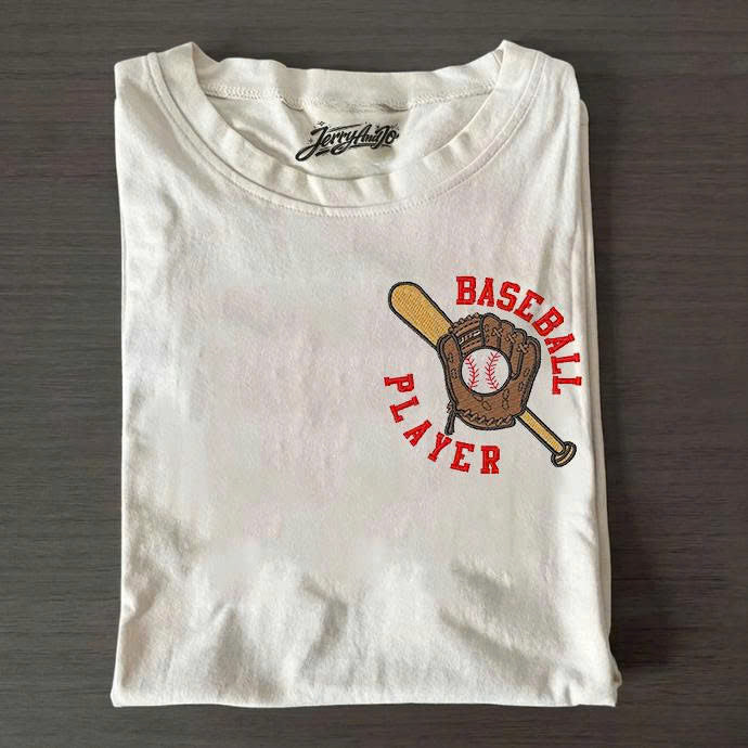 Baseball Player With Gloves And Bat Embroidery Tshirt B-0020