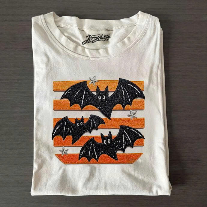 Distressed Fall Halloween Bats Stripes Embroidered Tshirt, Trendy Spooky Season Mom Gift B-0024