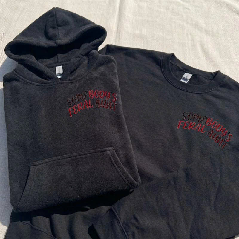 Somebody’s Feral Aunt Embroidered Back Red Shirt, Funny Cool Auntie Club, Pregnancy Reveal Gift B-0027