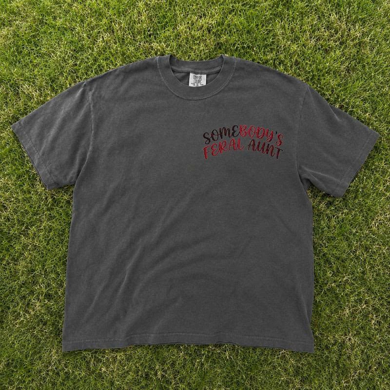 Somebody’s Feral Aunt Embroidered Back Red Shirt, Funny Cool Auntie Club, Pregnancy Reveal Gift B-0027