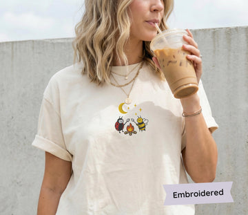 Bee & Ladybug Campfire Shirt, Embroidered Comfort Tee, Cottagecore Gift Son-0059