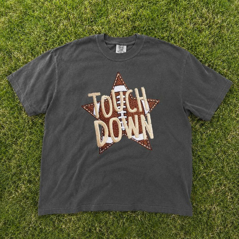 Retro Football Season Touchdown Design Tee, Varsity Game Day Embroidered Shirt For Her and Him B-0037