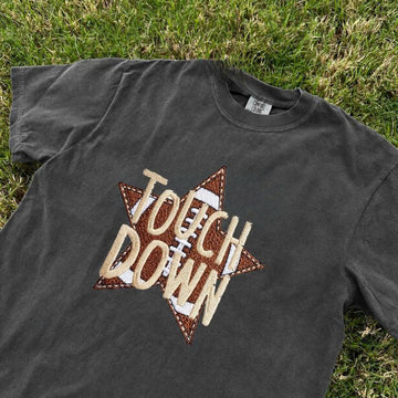 Retro Football Season Touchdown Design Tee, Varsity Game Day Embroidered Shirt For Her and Him B-0037