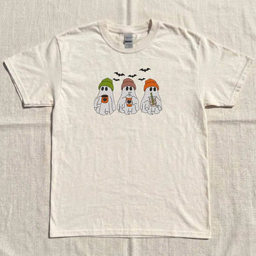 Aesthetic 3 Ghost Coffee Cup Halloween Embroidery Design Tee Shirt, Halloween Vibes B-0042