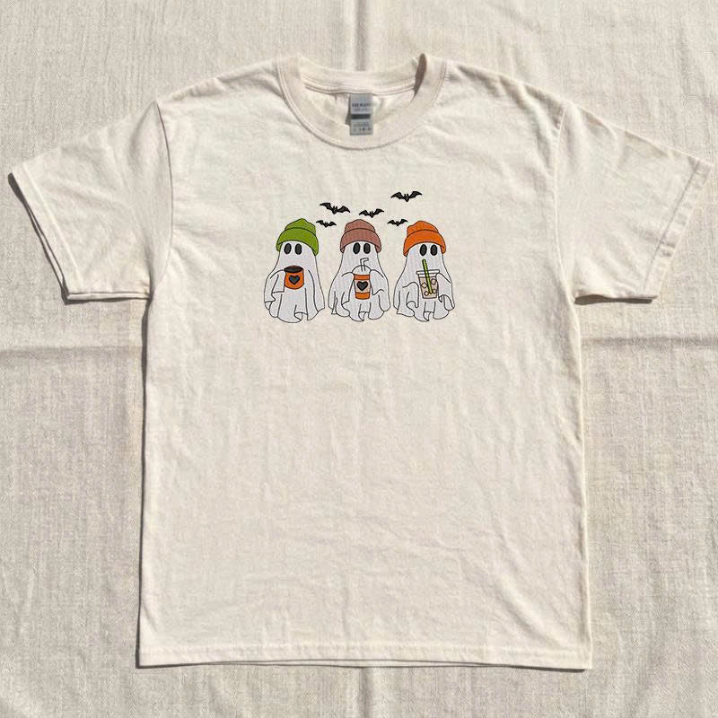 Aesthetic 3 Ghost Coffee Cup Halloween Embroidery Design Tee Shirt, Halloween Vibes B-0042