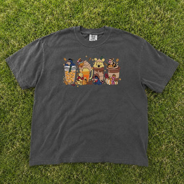 Fall Winnie Bear Cute Thanksgiving Coffee Embroidery Design Tee, Coffe Lover Gift B-0045