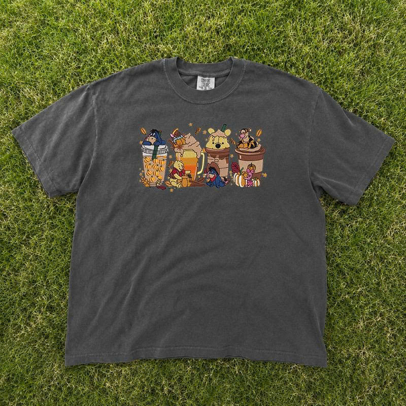 Fall Winnie Bear Cute Thanksgiving Coffee Embroidery Design Tee, Coffe Lover Gift B-0045