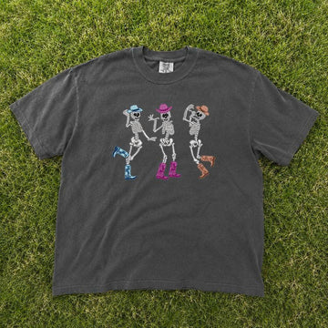 Cute Skeleton Dancing Embroidery Design Tee, Halloween Holiday Outfit B-0046
