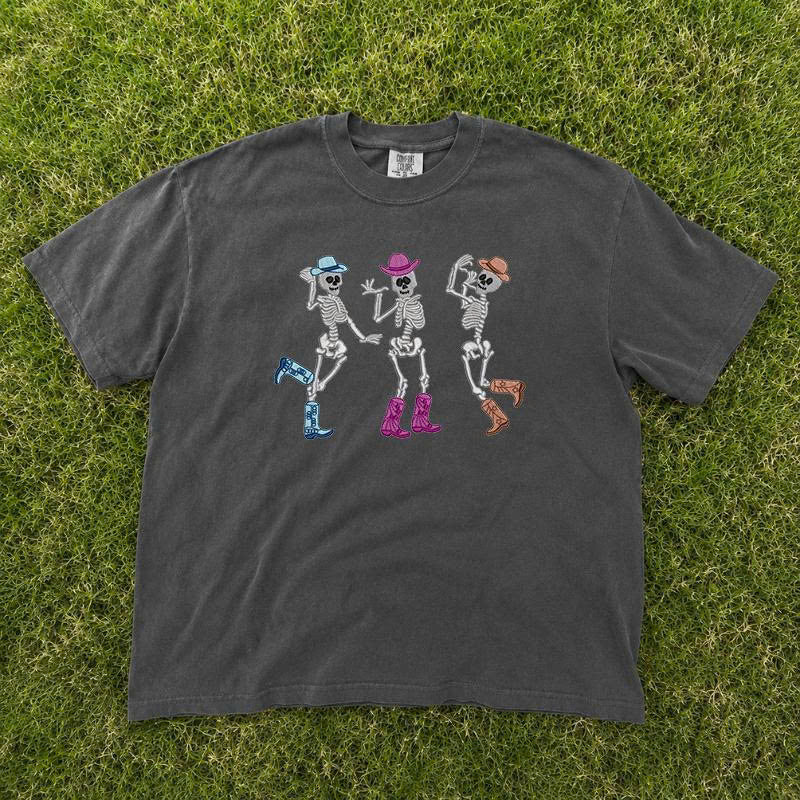 Cute Skeleton Dancing Embroidery Design Tee, Halloween Holiday Outfit B-0046
