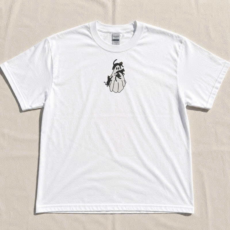 SPOOKY CUTE CAT & GHOST EMBROIDERED TEE TH-0028
