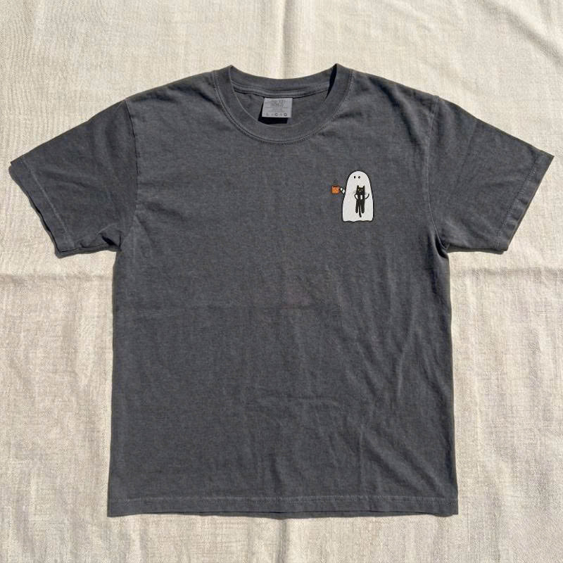 CUTE GHOST CAT & COFFEE EMBROIDERED TEE TH-0032