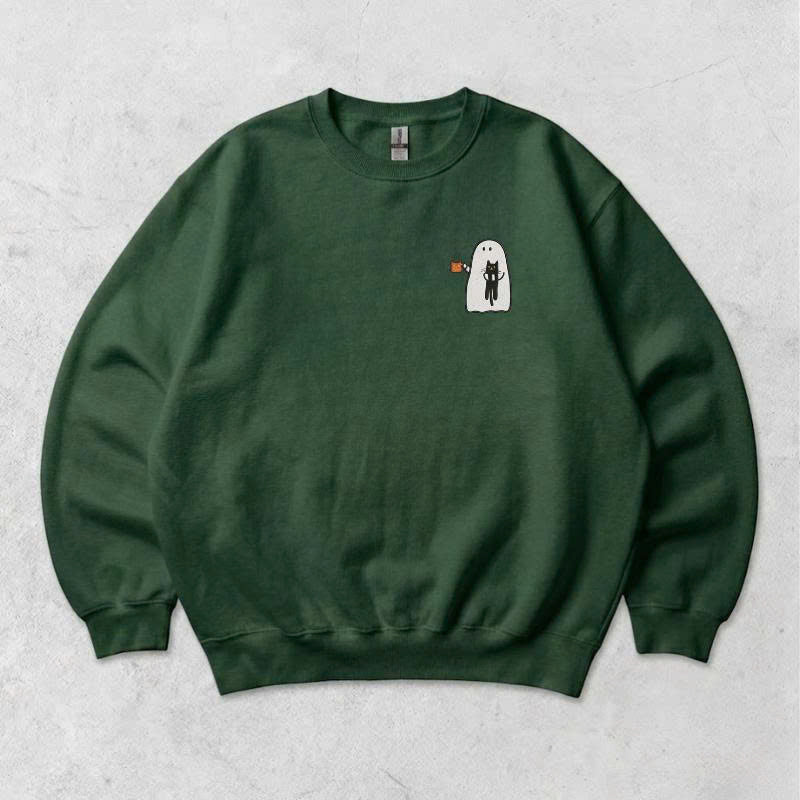 CUTE GHOST CAT & COFFEE EMBROIDERED TEE TH-0032