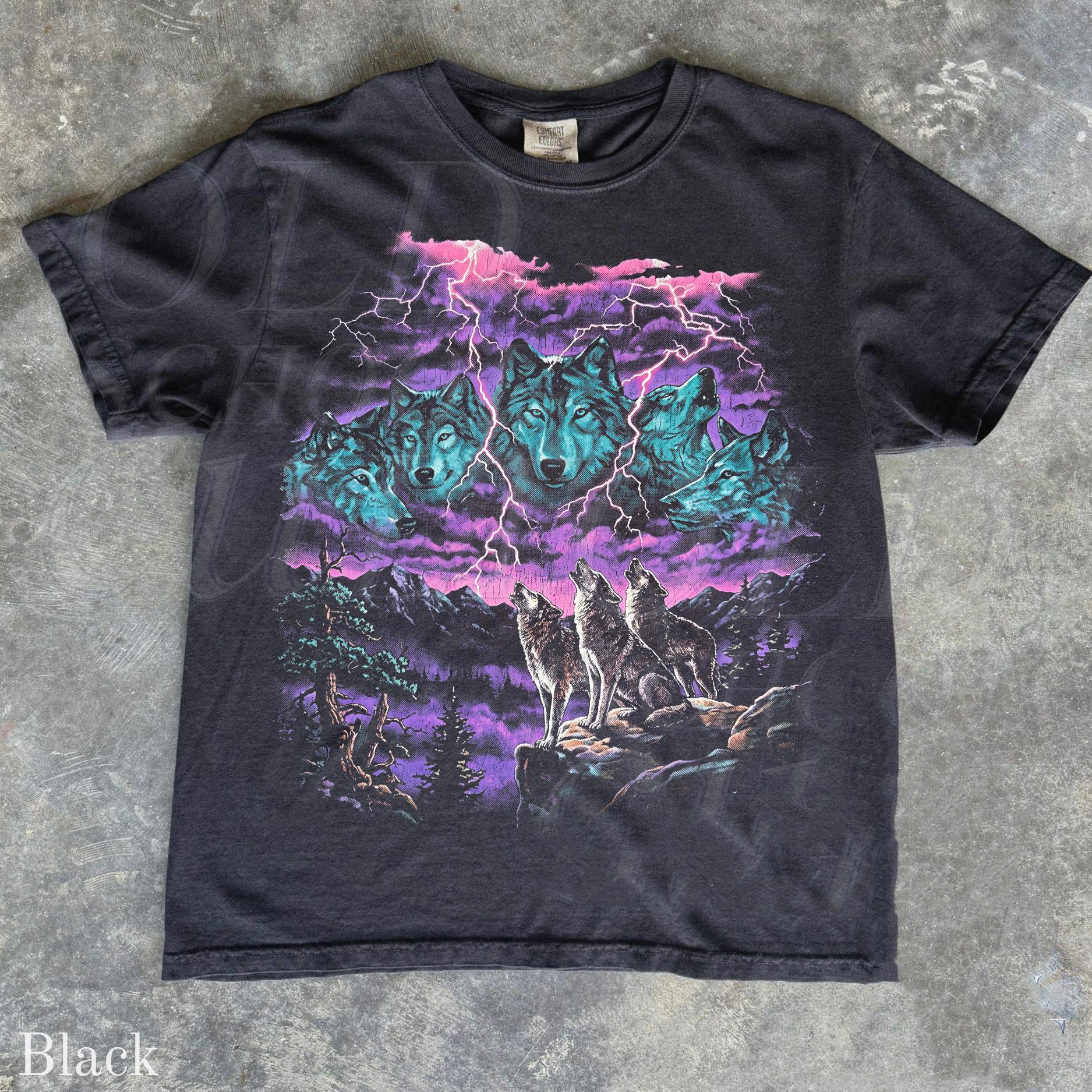 Vintage Wolf Thunder Storm 90s Graphic Tee, Washed Black Wildlife Shirt, Lightning Storm Wolves T-Shirt Son-00136