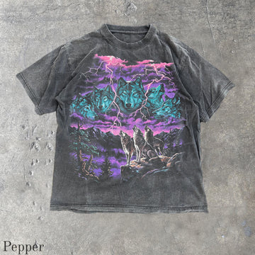 Vintage Wolf Thunder Storm 90s Graphic Tee, Washed Black Wildlife Shirt, Lightning Storm Wolves T-Shirt Son-00136