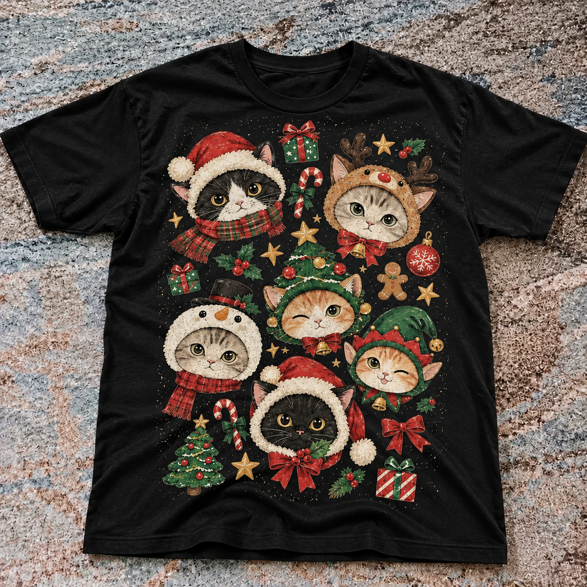 Unisex Cute Christmas Cats Santa Reindeer Elf Graphic SHIRT HHUE - 159