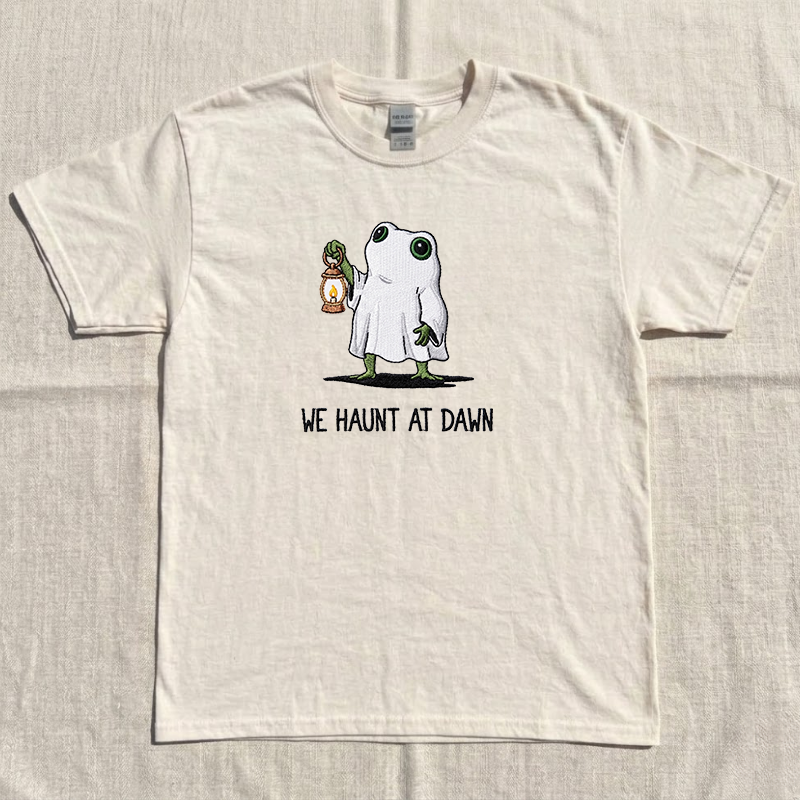 We Haunt At Dawn Halloween Shirt, Funny Ghost Frog Embroidered Tee, Spooky Season Gift B-0031