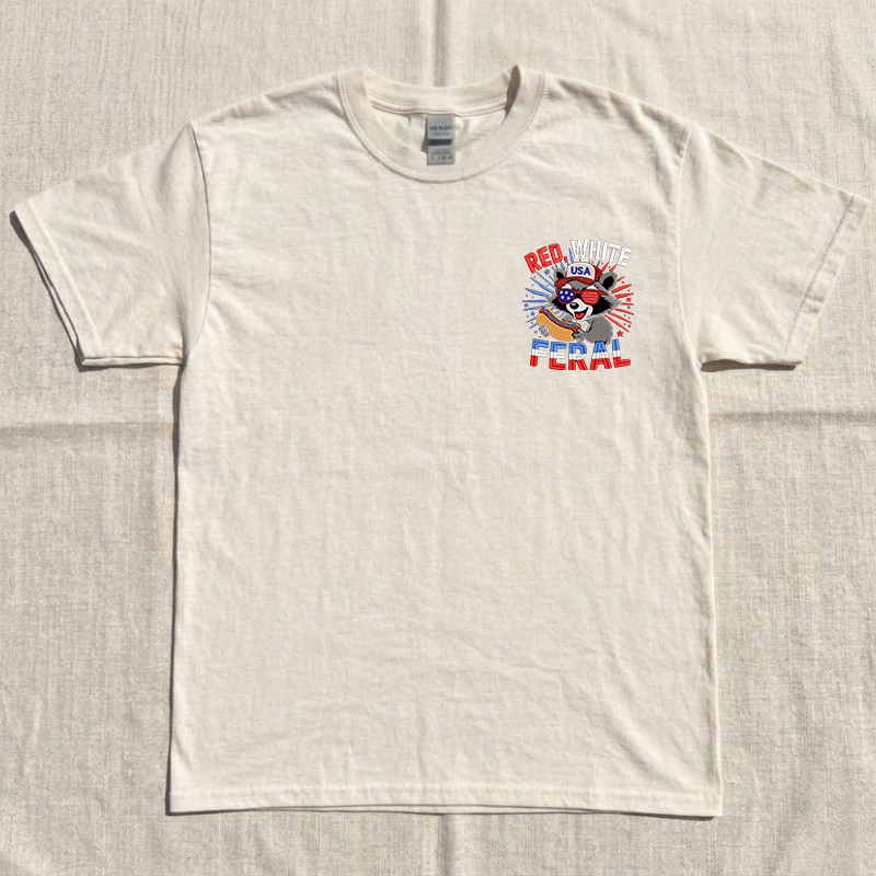 Red White Feral Embroidery Tshirt, Funny Raccoon Eat Hot Dog Cute Shirt B-0078