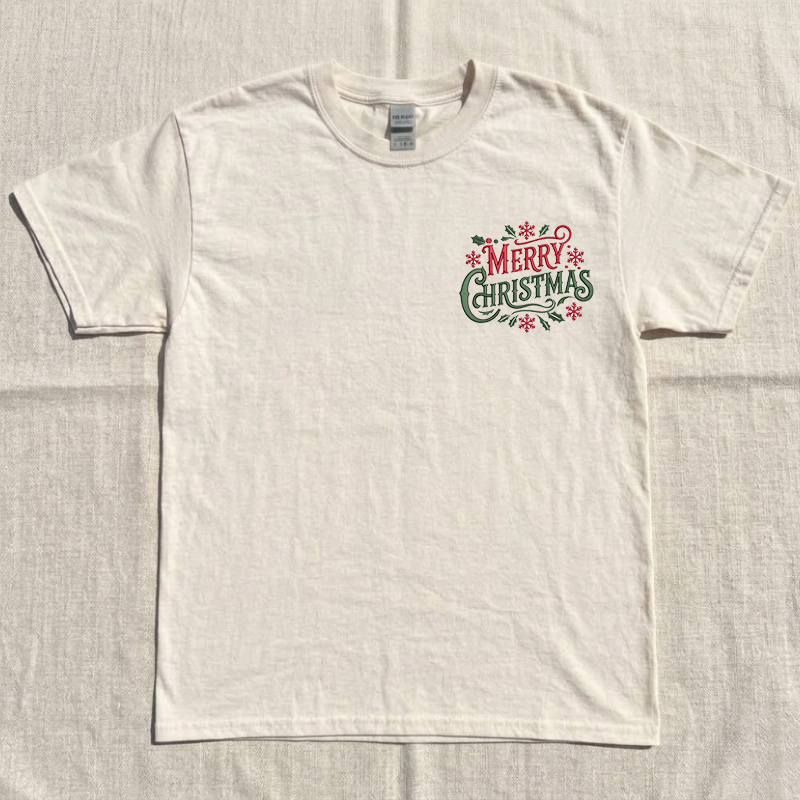 Merry Christmas Embroidery Tee Shirt, Special Holiday Outfit B-0075