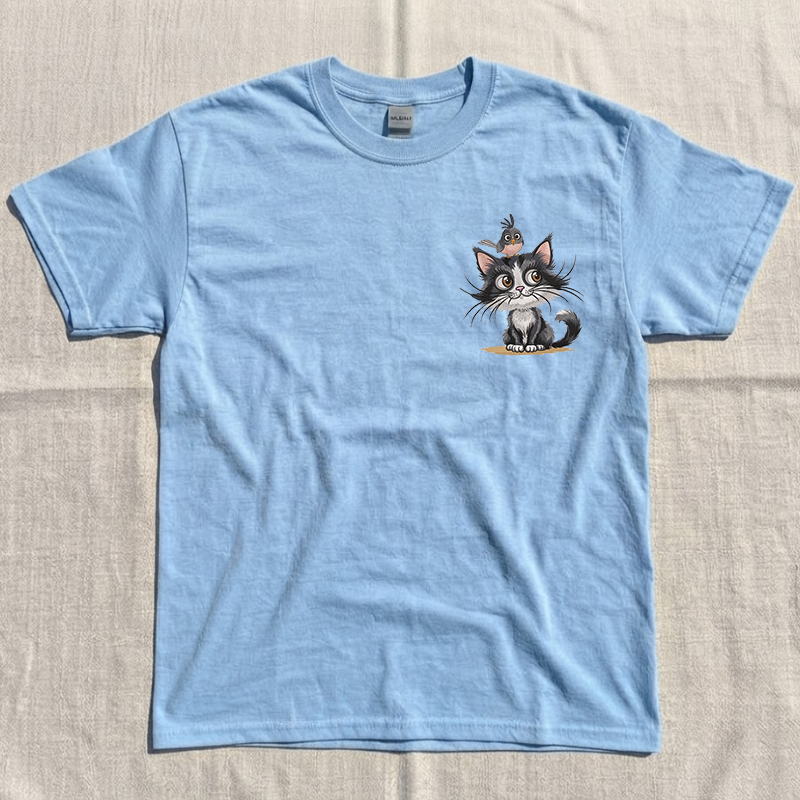 Cat & Bird Embroidery Design Tee B-0073