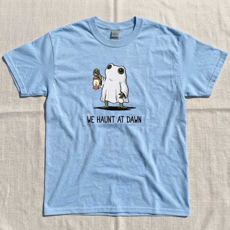 We Haunt At Dawn Halloween Shirt, Funny Ghost Frog Embroidered Tee, Spooky Season Gift B-0031