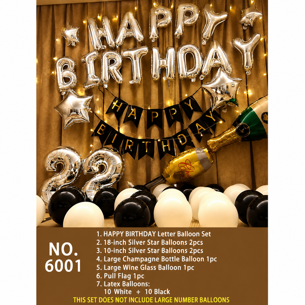Black & White Happy Birthday Balloon Decoration Kit with Champagne Bottle & Glass Balloons – Elegant Birthday Party Decor Set