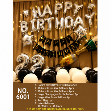 Black & White Happy Birthday Balloon Decoration Kit with Champagne Bottle & Glass Balloons – Elegant Birthday Party Decor Set