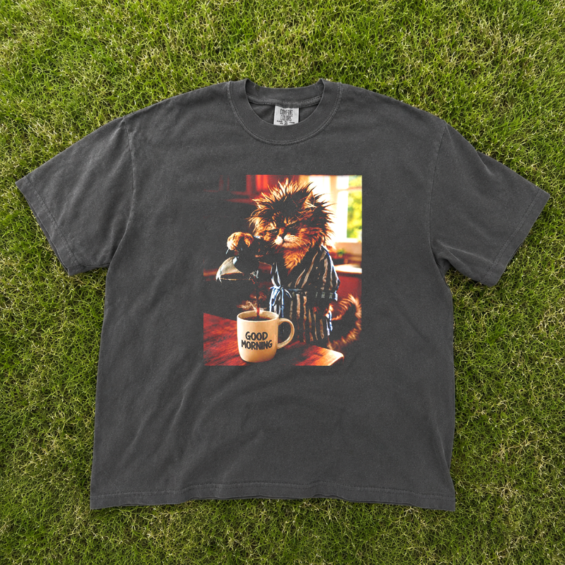 Good Morning Coffee Cat Tshirt, Funny Animal Printed Graphic Tee, Cat Lover Shirt B-0080