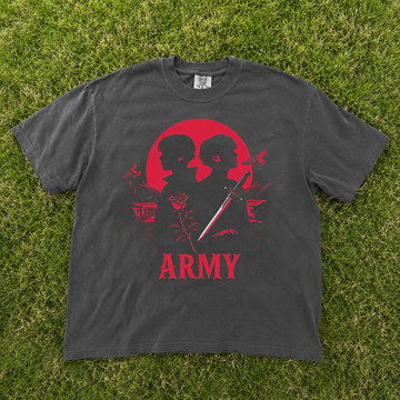 Retro Army Ariang Cherry Blossom Design T-shirt, Music Band Kpop Graphic Tee, Red Rose Shirt B-00157