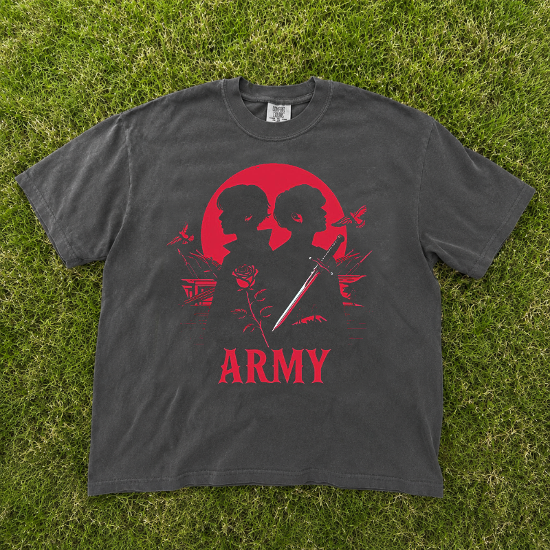Retro Army Ariang Cherry Blossom Design T-shirt, Music Band Kpop Graphic Tee, Red Rose Shirt B-00157