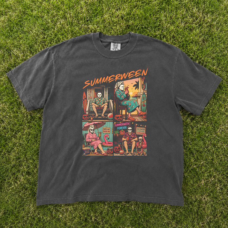 Retro Summerween Horror Character Funny Shirt, Print Graphic Tee For Vacation Outfit B-0070