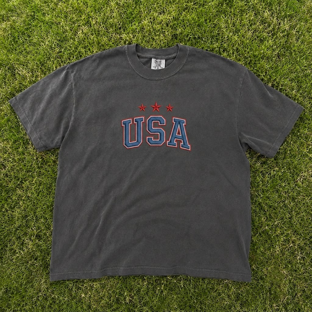 USA STARS RETRO COLLEGIATE PATRIOTIC EMBROIDERED TEE CT-0057