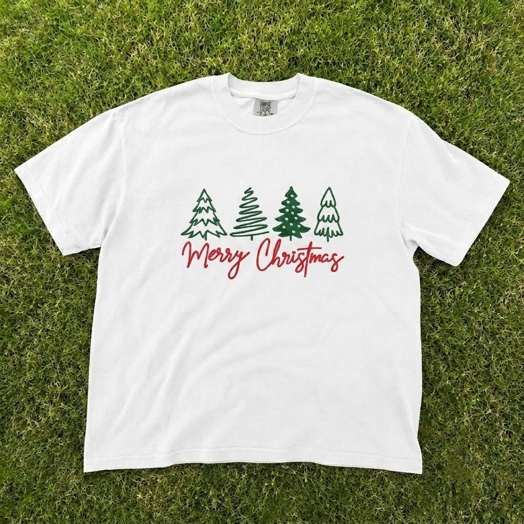Merry Christmas Trees Holiday Season Embroidered Tee CT-0089