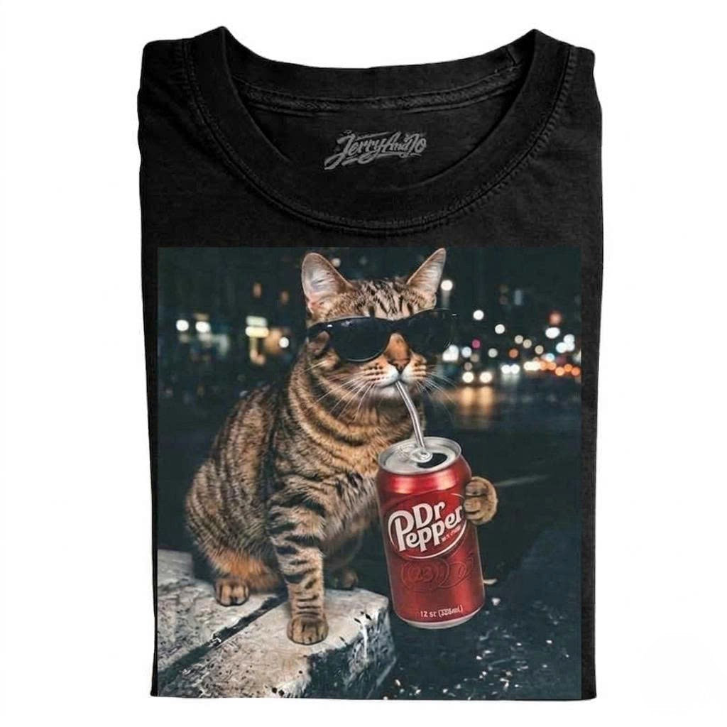 COMFORT COLORS FUNNY CAT DRINKING DRPEPPPER T-SHIRT LL - 0126