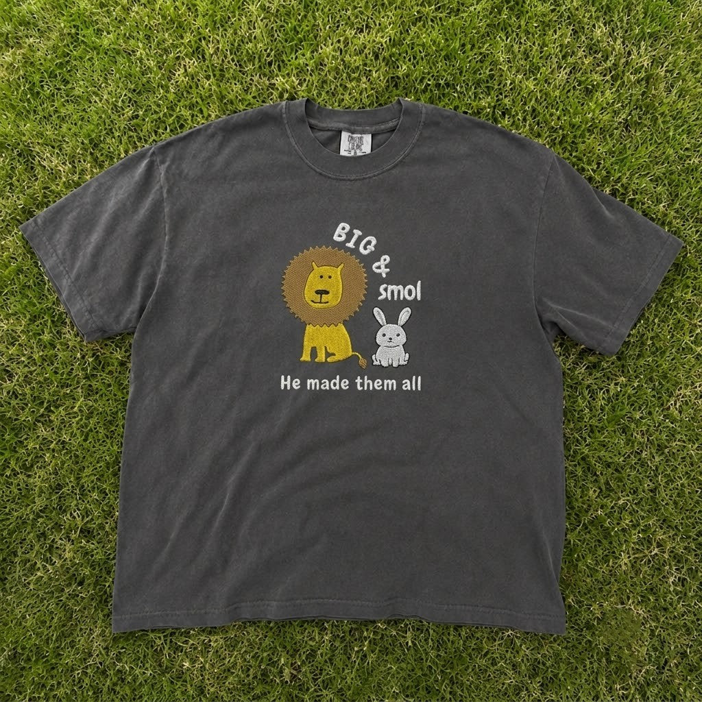 BIG AND SMOL HE MADE THEM ALL CUTE LION BUNNY CHRISTIAN EMBROIDERED TEE CT-0069