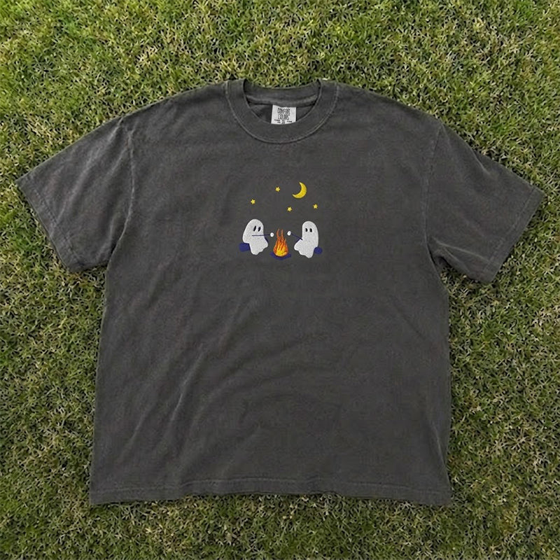 EMBROIDERED CUTE GHOSTS CAMPING SPOOKY SEASON OUTDOORS SHIRT HHUE - 054