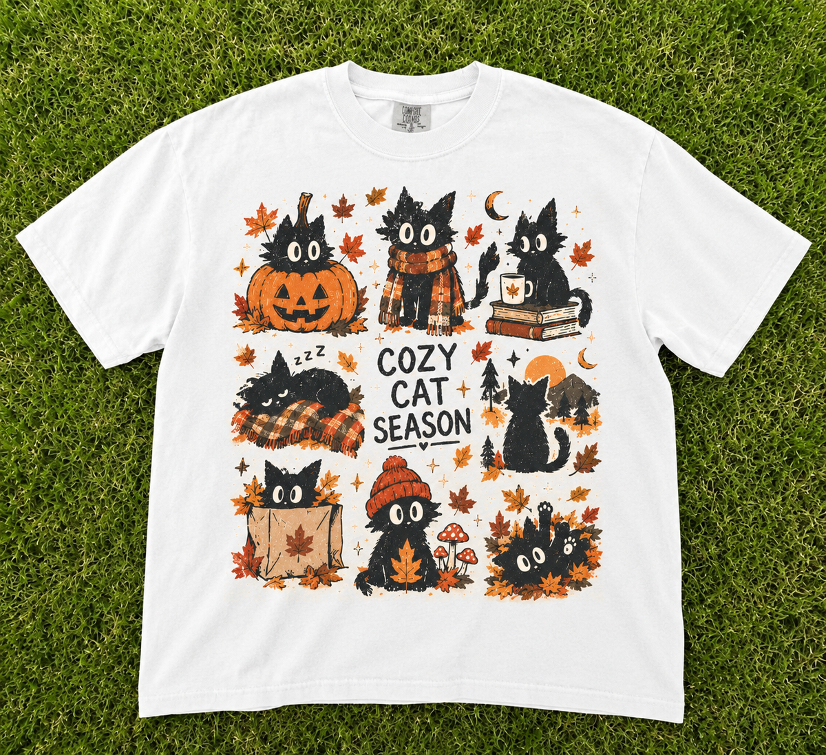 Cozy Cat Season Vintage Black Cats Fall Autumn T-Shirt CT-0112