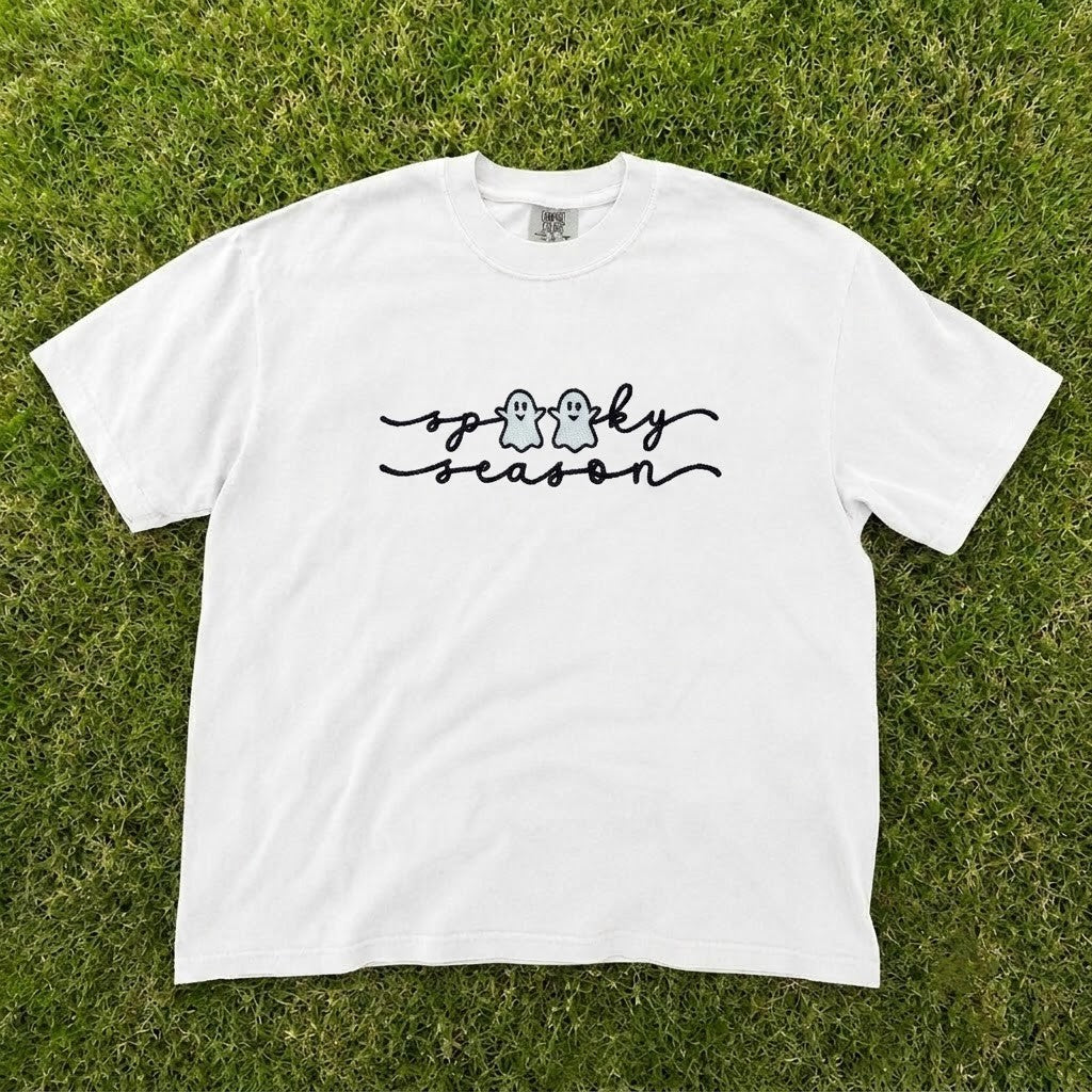 Spooky Season Minimalist Ghost Script Embroidered Tee CT-0083