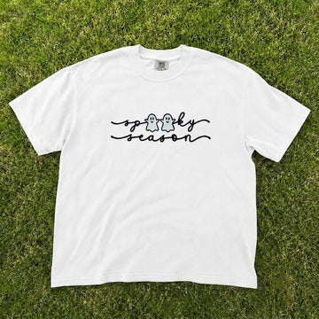Spooky Season Minimalist Ghost Script Embroidered Tee CT-0083